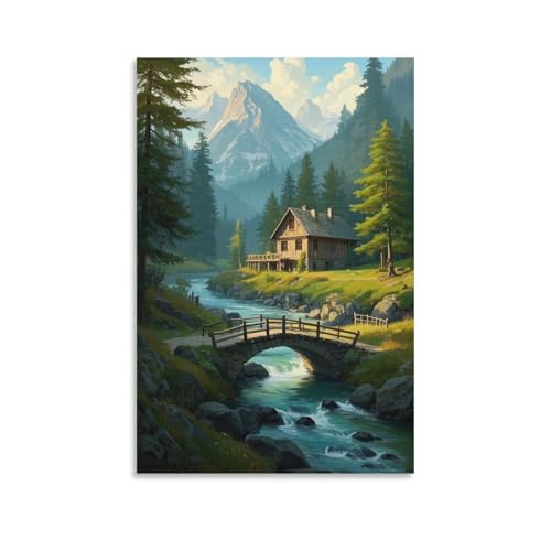 Lienzo decorativo 3D con diseño de cabaña de montaña y puente de arroyo, cuadros de pared de paisaje natural, decoración para sala de estar, dormitorio, listo para colgar, 30 x 45 cm