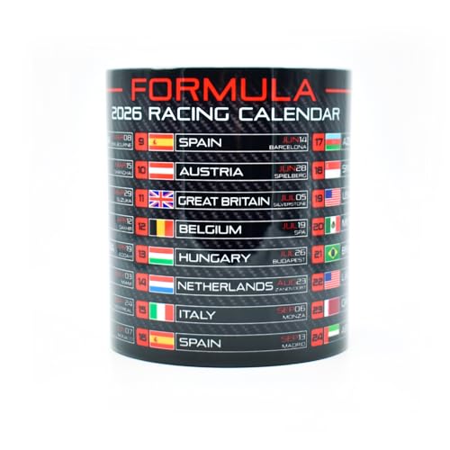 Formula Racing 2026 Calendar Mug - Red Edition - Carbon Fiber - Motorsport Fan Gifts - Race Schedule Coffee Cup - Hamilton - Norris - GP Dates, Countries & Circuits - Season Memorabilia