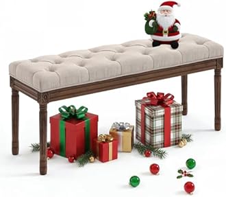 LUE BONA 44" Bedroom Bench, Fabric End of Bed Bench, Upholstered French Tufted Ottoman Bench with Carved Dark Brown Wood Legs for Bedroom End of Bed, Living Room, Linen