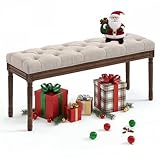 LUE BONA 44' Bedroom Bench, Fabric End of Bed Bench, Upholstered French Tufted Ottoman Bench with Carved Dark Brown Wood Legs for Bedroom End of Bed, Living Room, Linen