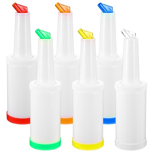 6 Pcs Plastic Colourful Juice Pour Bottle Containers, 34 oz Juice Dispensers for Bar Party Home Kitchen Supplies