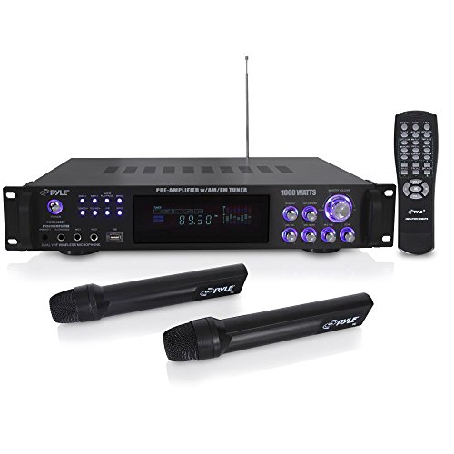 Pyle 4 Channel Home Audio Power Amplifier - 1000 Watt Stereo Receiver W/Speaker Selector, Am Fm Radio, Usb, Headphone, 2 Wireless Mics For Karaoke, Great For Home Entertainment System - Pwma1003T #TOP25