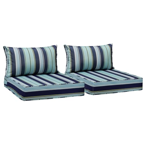 Image of AAAAAcessories Outdoor Seat Cushions for Chairs, Fade-Resistant, Waterproof Patio Furniture Replacement Cushions, 25.5 inch x 25.5 inch x 5 inch + 25.5 inch x 13.5 inch, Set of 2, Ash Teal Seaside Stripe