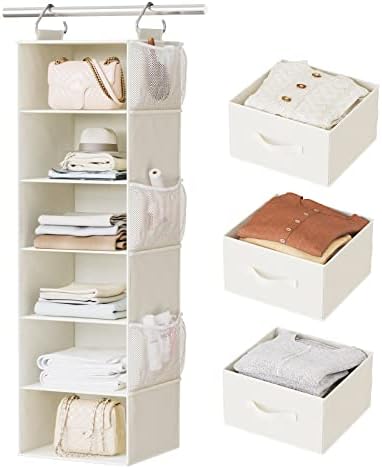 Pipishell Hanging Closet Organizer 6-Shelf, Hanging Shelves for Closet with 3 Removable Drawers & Side Pockets, Hanging Shelf Organizer for Bedroom or Garment Rack, 12” x 12” x 43.3”, White