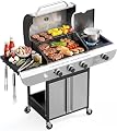 COWSAR 3-Burner Propane Gas Grill with Side Burner, 34,000 BTU Stainless Steel BBQ Grill with Porcelain-Enameled Cast Iron Grates, Outdoor Barbecue Grill for Patio Garden Cooking