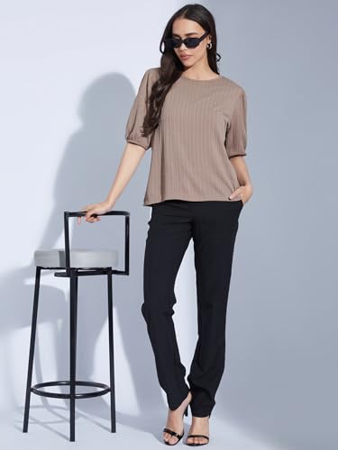 Image of Selvia Textured Lycra Plain Regular fit Round Neck Balloon Sleeve Stylish