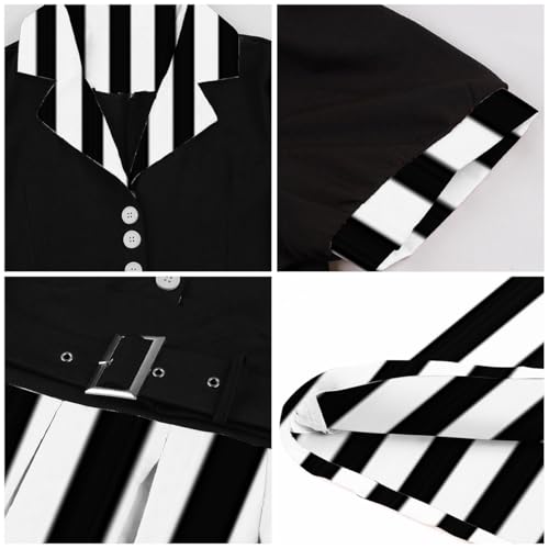 Image of ODIZLI Women's 1950s Retro Dress Short Sleeve Notched Lapel Polka Dot Stripe Swing Dress with Belt Cocktail Dress