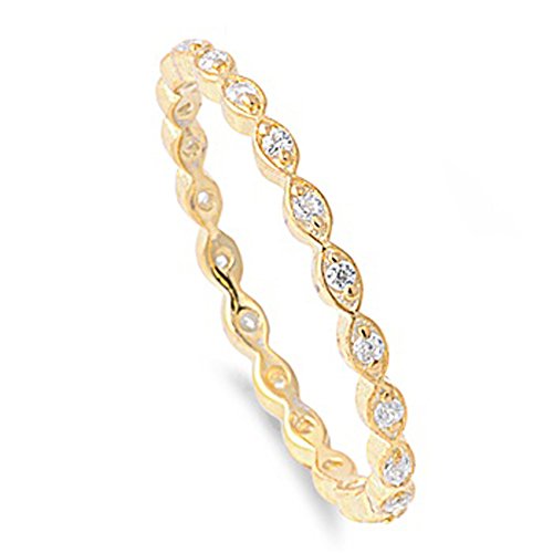 925 Sterling Silver Ring 14K Gold Plated Stackable Band CZ Stone Pave Set Eternity Ring 2MM (Size 4 to 12), 4