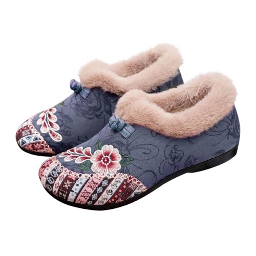 Image of Women's Floral Print Slippers with Faux Fur Lining, Winter Warm Indoor House Shoes, Comfort Flat Sole, Multiple Colors Available