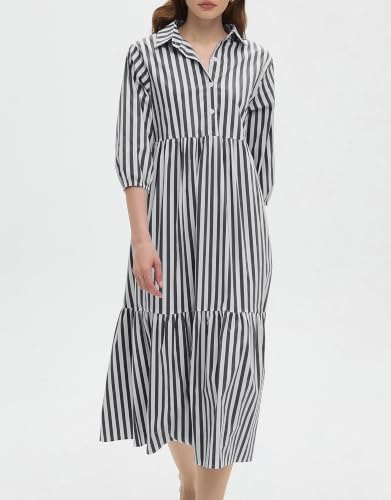 Image of EZAPINE Womens Babydoll Striped Shirt Midi Dress Puff Long Sleeve Collared Button Tunic Flowy Swing Dresses