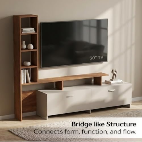 Image of BLUEWUD Amy Engineered Wood TV Entertainment Unit Set Top Box Stand /TV Cabinet Panel with Shelves for Books & Decor Display Unit Bed Living Room Upto 65 Inches - DIY (Brown Maple & White)