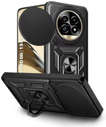 Image of WOW IMAGINE Tough Armor Bumper Mobile Back Case for Realme 13 Pro 5G | 13 Pro Plus 5G | Sliding Camera Shield Cover | Shock Proof 360 Protection | Hybrid PC + TPU | Ring Holder with Kickstand - Black