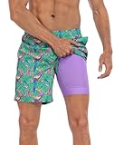 LRD Mens Swim Trunks with Compression Liner 7 inch Inseam Quick Dry Swim Shorts Retro Parrots/Purple - M