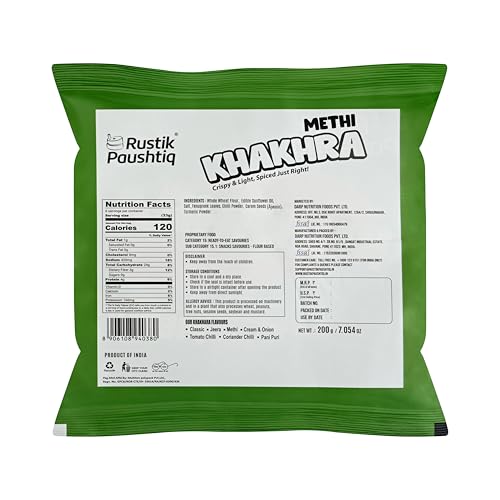 Image of RUSTIK PAUSHTIQ Methi Khakhra - 200g Each | Whole Wheat Crispy Snacks | Roasted Khakhra | No Palm Oil | Ready to Eat Tea Time Snack | Namkeen With Natural Ingredients (Pack of 4)