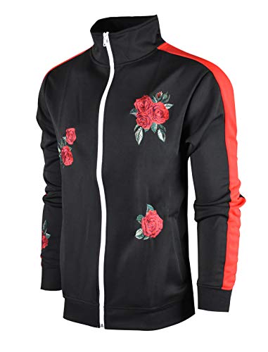 SCREENSHOTBRAND-F11853 Mens Urban Hip Hop Premium Track Jacket - Slim Fit Side Taping Rose Embroidery Fashion Top-BK RD-Medium