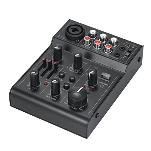 XIBANY Mixer de áudio compacto de 5 canais Console de mixagem de som Interface de áudio USB EQ de 2