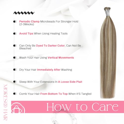 Image of Moresoo I Tip Human Hair Extensions, Light Brown Platinum Blonde, 16 Inch | 40g 50 strands, flexible individual placement, human hair i tip extensions for everyday styling and date night looks