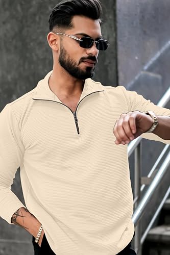 Image of KAJARU Men's Quarter Zip Pullover T-Shirt, Textured Ribbed Long Sleeve, Casual Mock Neck