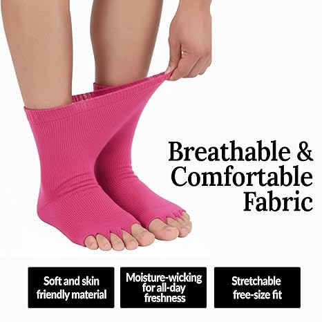 Image of Foot Alignment Orthopedic Cotton Socks for Men & Women | Five Toe Separator | Foot Pain Relief | Bunion Corrector | Plantar Fasciitis Support |Free Size | DarkGray-Pink | 2 Pair | UK8-11