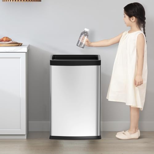 Image of 25L /6GALSquare Silver Garbage Can,Tall Kitchen Garbage Can,Silver Tall Trash can for Bathroom,Tall Stainless Steel dusbin for Commercial,Detached House