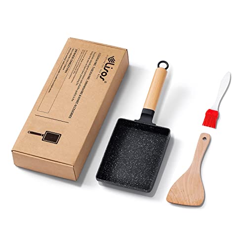 Tamagoyaki Pan Square Japanese Omelette Pan,Non-Stick Egg Roll Pan,Rectangle Frying Pan Wood Handle,With Silicone Brush & Solid Wood Spetula,Black #TOP5
