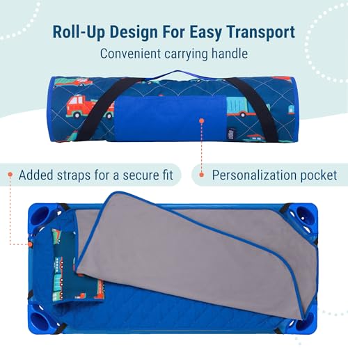 Image of Wildkin Modern Kids Nap Mat with Pillow for Boys - Cotton Blend, Elastic Straps, Toddler Sleep Mat for Daycare, Preschool, Kindergarten & Travel, Ages 3-7, Machine Washable - Transportation