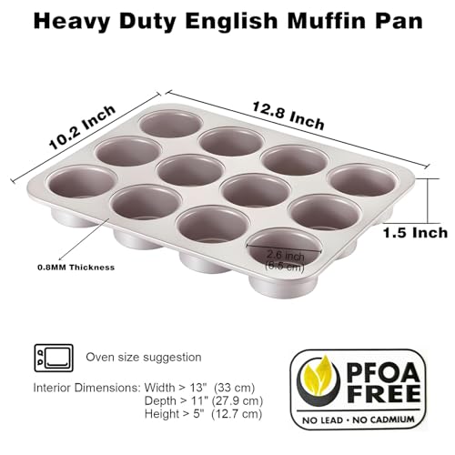 DWWTKL 12-Cavity Nonstick English Muffin Pan Baking Round Cupcake Mould for Bread Cookies Yorkshire Pudding Cakes Pastries Toaster Oven Heavy Duty Baking Tins