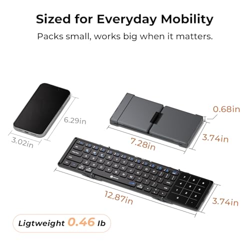 iClever Foldable Bluetooth Keyboard, BK18 Portable Keyboard with Touchpad and Number Pad, Rechargrable Folding Wireless Travel Keypad Compatible with iPad, iPhone, Smartphone, Tablet, Laptop