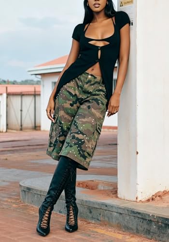 Image of Women's Barrel Camo Pants High Waisted Wide Leg Peated Palazzo Camouflage Capris Baggy Y2k Army Fatigue Trousers