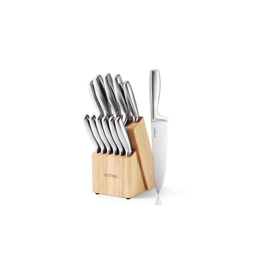 CAROTE 12PCS Knife Set, Stainless Steel Kitchen knife Set with Wooden Block, Dishwasher Safe Cutlery, Include Chef Knife, Bread Knife, Utility Knife, Paring Knife