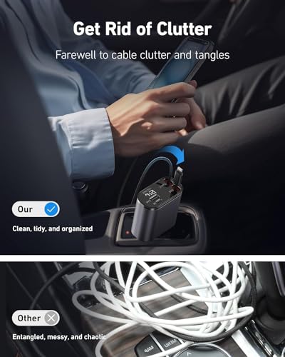 Image of Weldots Retractable Car Charger 120W, 4 In 1 Fast Car Phone Charger, Retractable Cables, 2 Usb Ports, Compatible With iPhone 15 /14 /13 /12 /11, Type C + Lightening, Black