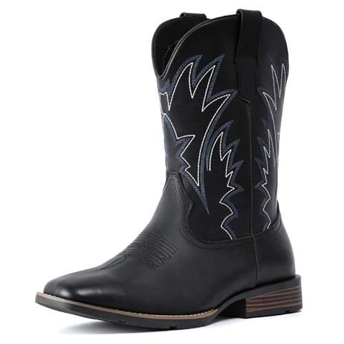 IUV Cowboy Boots For Men Square Toe Western Boots Durable Classic Embroidered Pull On Boot Slip Resistant Country Boot