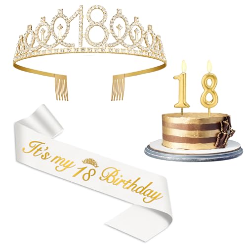 18th Birthday Decorations for Girls with 18th Birthday Sash White and Tiara Gold Number Candles Gold 18 Year Old Girl Gifts