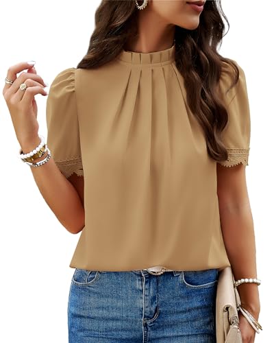 BTFBM Women's Dressy Casual Blouses Business Work Tops Lace Trim Short Sleeve Office Shirts 2025 Summer Spring Outfits(Light Khaki, Large)