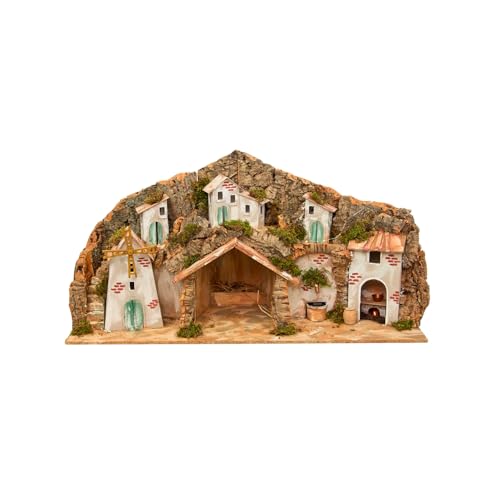Avilia Neapolitanische Weihnachtskrippe mit Mühle, Brunnen und LED-Lichtern, 42 x 96 x 58 cm, handgefertigt und aus robusten Materialien, ideal für die Dekoration von Haus während der Weihnachtsfeier