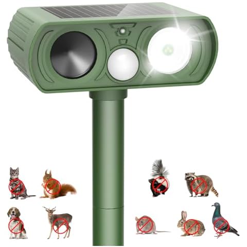 Solar Ultrasonic Animal Repellent Outdoor, Deer Repellent Devices Motion Detection, Waterproof Cat Squirrel Mouse Raccoon Dog Bird Repellent Deterrent with LED Flash Light for Yard Farm Garden Cover