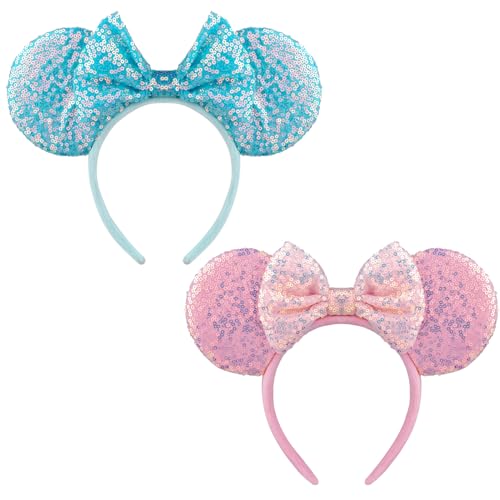 Image of DRESHOW 2 Pack Mouse Ears Bow Headbands Glitter Party Decoration Cosplay Costume for Women