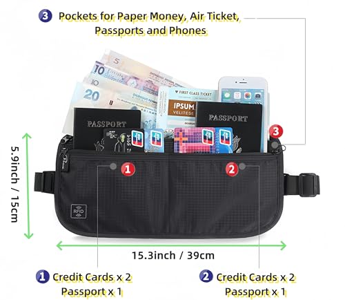 Image of Travel Passport Holder 【1 PACK】2 in 1 Slim RFID Blocking Travel Money Belt for Men & Women, Hidden Neck Wallet for Credit Cards, Documents & Cash, Fanny Pack, MA-MO (Black)