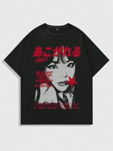 Image of SXV STYLE Oversized Graphic T-Shirt, Black, Japanese Anime Print, Red Text, Everyday is a New Day Slogan, Unisex Streetwear