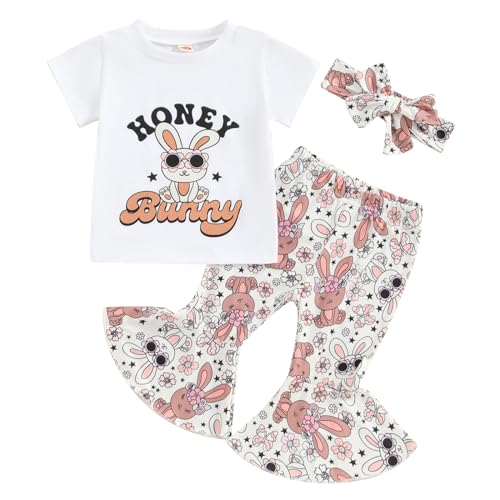 Toddler Baby Girl Easter Outfits Short Sleeve T Shirt Top Bunny Print Bell-Bottom Flared Pants Summer Clothes Set