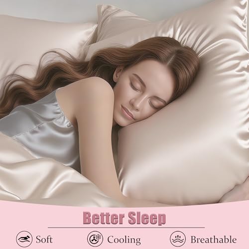 Mulberry Silk Pillow Cases with Zipper, Ultra Smooth Soft Breathable Cooling Pillow Cases for Hot Sleepers, Silk Satin Pillowcase for Hair and Skin, Gifts for Women (Beige, Queen Size, 1 Pack)