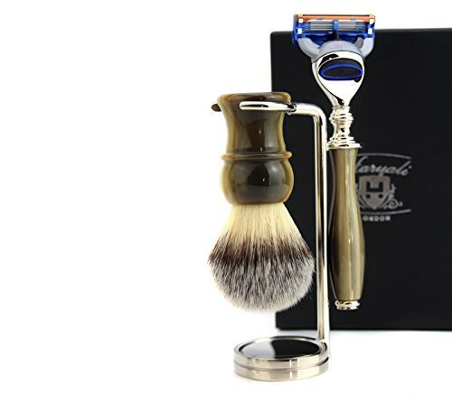 Horn Replica Collection 3-Piece Shaving Set for Men with Shaving Brush with Synthetic Hair & Gillette Fusion Razor + Double Stand for Brush & Razor Haryali Top Selection