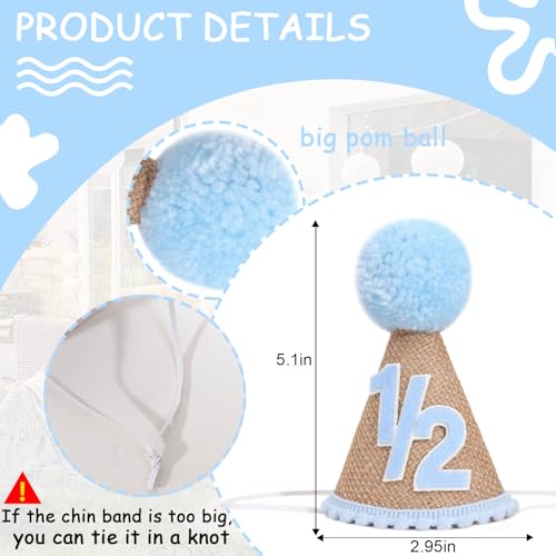 1/2 Birthday Hat for Girls&Boys - Linen Party Cone Cap with Pom Pom, Unisex Half Way To One Cake Smash Decor2