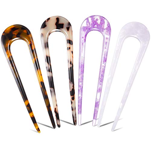 4 Pieces U Shaped Hair Pin Stick French Style U Shape Hair Clips Tortoise Shell U Sticks Pins for Women Girls Hairstyle Accessories (Purple, Ivory White, Tortoiseshell, White Tortoiseshell)