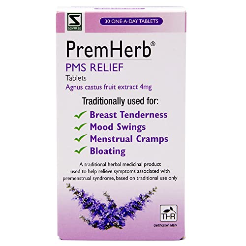 Schwabe Pharma - Premherb PMS Relief - Agnus Castus Fruit Extract 4mg - Traditionally Used for Relief of Breast Tenderness Mood Swings Menstrual Cramps Bloating - 30 Tablets