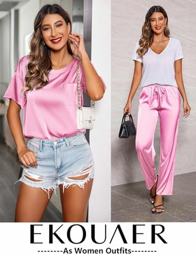 Image of Ekouaer Womens Satin Silky Pajama Set Short Sleeve Shirt with Long Pajama Pant Set Soft PJ Loungewear