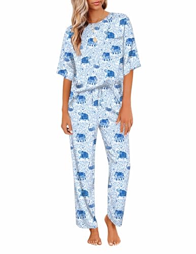 Image of Ekouaer Womens Satin Silky Pajama Set Short Sleeve Shirt with Long Pajama Pant Set Soft PJ Loungewear