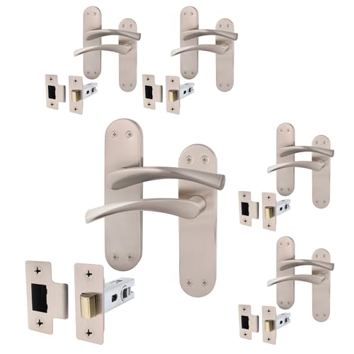 EAI Satin Door Handle & Latch Set - 5 Pair Satin Nickel Internal Lever Handles on Backplate with Latch (64mm) - Novoli Range