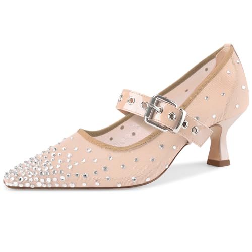 Image of Women's Mesh Closed Pointed Toe Heels Rhinestone Ankle Strap Buckle Kitten Heeled Mary Jane Pumps Dressy Prom Wedding Sandals Shoes 2 inch
