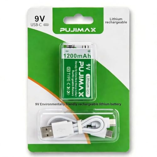 Image of PUJIMAX 9V Rechargeable Battery 1200mAh - High‑Capacity Lithium‑Ion with USB‑C Charger Cable, Long Life (1200+ Cycles), 10‑Year Shelf Life, Reliable 9V Output - 1‑Pack
